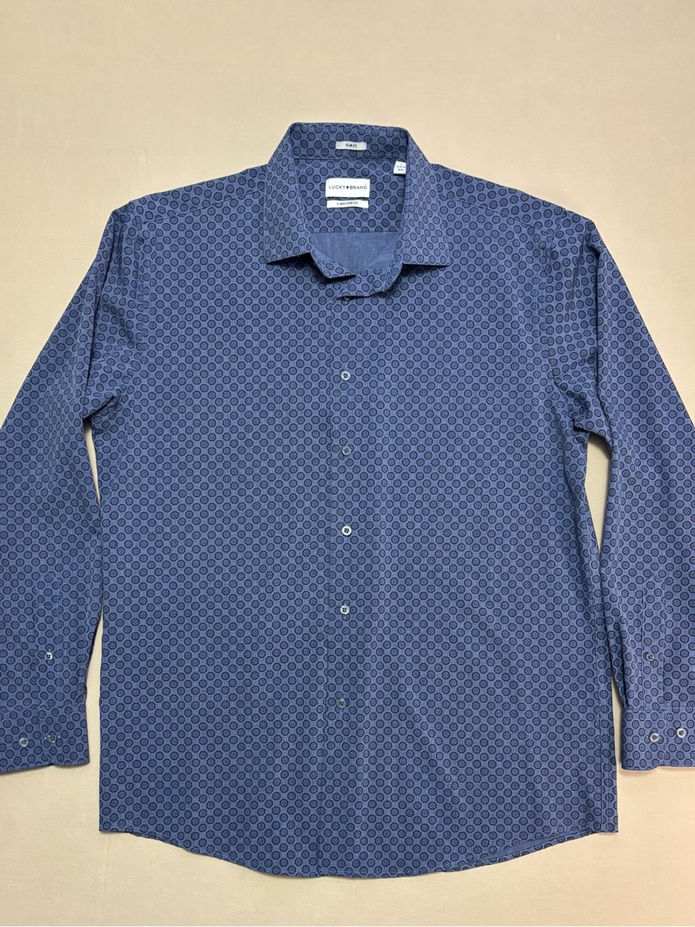 Lucky Brand Men’s Performance Fabric Blue Geometric Print Dress Shirt Size Large